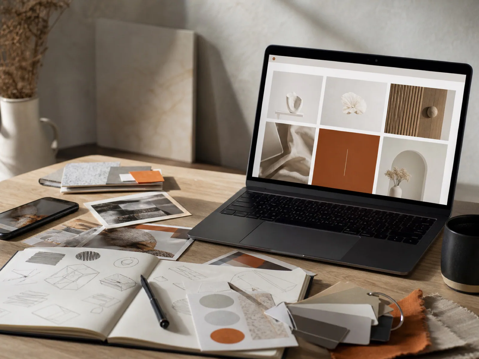 A refined website design workspace with a laptop and carefully selected visual materials